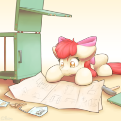 Size: 2000x2000 | Tagged: safe, artist:ohemo, apple bloom, earth pony, pony, g4, apple bloom's bow, blueprint, bow, female, filly, foal, furniture, hair bow, hammer, high res, newbie artist training grounds, solo, sweat