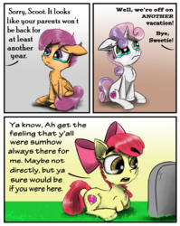Size: 2000x2516 | Tagged: safe, artist:chopsticks, apple bloom, scootaloo, sweetie belle, earth pony, pegasus, pony, unicorn, g4, bow, chest fluff, comic, crying, cute, cutie mark, cutie mark crusaders, dark comedy, dialogue, ear fluff, female, filly, grass, gravestone, hair bow, high res, hoof fluff, implied death, offscreen character, orphan, parenting, ponyloaf, sad, sadorable, scootasad, sitting, text, the cmc's cutie marks, this will end in tears