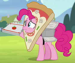 Size: 558x468 | Tagged: safe, screencap, pinkie pie, pony, g4, rock solid friendship, cropped, female, mare, pizza box, pizza delivery, solo