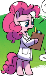 Size: 505x845 | Tagged: safe, idw, pinkie pie, earth pony, pony, g4, spoiler:comic, bipedal, clothes, female, lab coat, solo