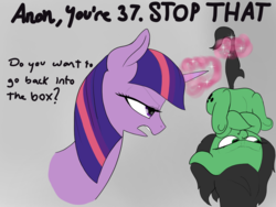 Size: 2000x1500 | Tagged: safe, artist:t72b, derpibooru exclusive, twilight sparkle, oc, oc:filly anon, alicorn, pony, g4, angry, annoyed, atg 2019, crossed hooves, female, filly, filly anon is not amused, floppy ears, magic, mare, newbie artist training grounds, telekinesis, text, twilight sparkle (alicorn), twilight sparkle is not amused, unamused, upside down