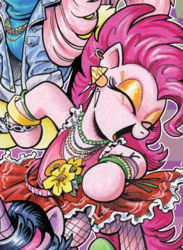 Size: 730x1000 | Tagged: safe, artist:andypriceart, fluttershy, pinkie pie, twilight sparkle, pony, g4, idw, spoiler:comic, spoiler:comic64, 80s, alternate hairstyle, bipedal, bracelet, clothes, costume, cropped, cyndi lauper, dress, ear piercing, earring, eyeshadow, female, fishnets, flower, girls just wanna have fun, jewelry, makeup, mare, necklace, open mouth, piercing, smiling