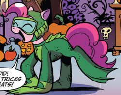 Size: 710x560 | Tagged: safe, artist:andypriceart, pinkie pie, pony, g4, idw, spoiler:comic, clothes, costume, female, gill-man, halloween, holiday, jack-o-lantern, pumpkin, solo