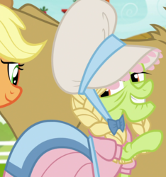 Size: 1010x1080 | Tagged: safe, screencap, applejack, granny smith, earth pony, pony, g4, it isn't the mane thing about you, clothes, costume, cropped, milk maid