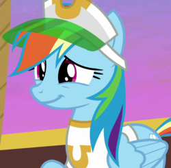 Size: 1100x1080 | Tagged: safe, screencap, rainbow dash, pegasus, pony, g4, grannies gone wild, clothes, cropped, female, hat, solo