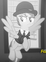 Size: 620x830 | Tagged: safe, screencap, rainbow dash, pegasus, pony, g4, sparkle's seven, clothes, cropped, cutie mark, female, flying, frown, hat, investigator dash, lidded eyes, mare, rainbow dash is not amused, raised eyebrow, scar, solo, spread wings, tuxedo, unamused, watson, wings