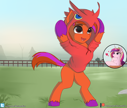 Size: 2548x2160 | Tagged: safe, artist:axtkatze, princess cadance, oc, oc only, oc:clarity heart, alicorn, blaziken, earth pony, pony, g4, bipedal, clothes, disguise, disguised changeling, female, fence, grass, grass field, heart, high res, hoodie, patreon, patreon logo, pokémon, smiling, solo, unshorn fetlocks