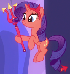 Size: 510x540 | Tagged: safe, screencap, rarity, pony, unicorn, g4, the saddle row review, cropped, devil horns, devil rarity, female, mare, shoulder devil, solo