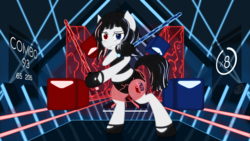 Size: 5500x3100 | Tagged: safe, artist:template93, oc, oc only, oc:sabe, beat saber, bipedal, crossover, heterochromia, lights, scoreboard, video game crossover, weapon
