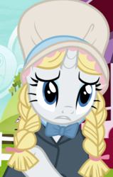 Size: 685x1080 | Tagged: safe, screencap, rarity, pony, g4, it isn't the mane thing about you, alternate hairstyle, bonnet, clothes, costume, cropped, female, mare, milk maid, solo