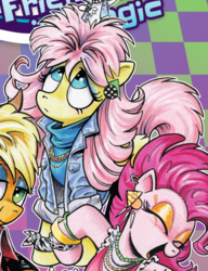 Size: 915x1190 | Tagged: safe, idw, applejack, fluttershy, pinkie pie, g4, spoiler:comic, spoiler:comic64, clothes, costume, tina turner