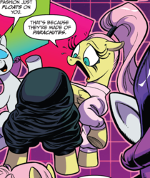 Size: 965x1150 | Tagged: safe, artist:andypriceart, idw, fluttershy, rarity, pegasus, pony, unicorn, g4, spoiler:comic, spoiler:comic64, 80s, adorasexy, alternate hairstyle, big eyelashes, butt, clothes, cropped, cute, dialogue, everything old, eyeliner, eyes closed, female, flutterbutt, fluttershy is not amused, frown, high ponytail, horrified, looking back, makeup, mare, no context, open mouth, parachute pants, plot, ponytail, raised hoof, sexy, smiling, solo focus, sweater, sweatershy, unamused, wide eyes