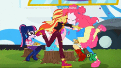 Size: 1920x1080 | Tagged: safe, screencap, applejack, fluttershy, pinkie pie, sci-twi, sunset shimmer, twilight sparkle, equestria girls, equestria girls series, g4, sunset's backstage pass!, spoiler:eqg series (season 2), animated, camping, clothes, cute, female, festival, food, happy, loop, morning, music festival outfit, no sound, pancakes, shoes, sneakers, spinning, tree stump, webm