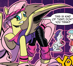 Size: 830x750 | Tagged: safe, idw, coco pommel, fluttershy, rarity, g4, spoiler:comic, spoiler:comic64, clothes, high heels, leg warmers, leotard, olivia newton-john, shoes, tights