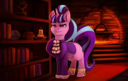 Size: 2100x1332 | Tagged: safe, artist:derpyrider, snowfall frost, starlight glimmer, pony, g4, bookshelf, candle, cauldron, female, fireplace, solo