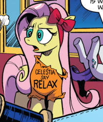 Size: 545x645 | Tagged: safe, artist:andypriceart, idw, fluttershy, rarity, pegasus, pony, unicorn, g4, spoiler:comic, spoiler:comic64, bow, cropped, dialogue, door, hair bow, legs in air, tail, text
