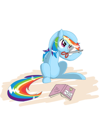 Size: 1500x1700 | Tagged: safe, artist:majupaju, rainbow dash, pony, g4, atg 2019, dexterous hooves, female, haircut, mouth hold, newbie artist training grounds, scissors, solo