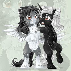Size: 2834x2834 | Tagged: safe, artist:schokocream, oc, oc only, oc:ghost quill, oc:silhouette, pegasus, pony, unicorn, armpits, chest fluff, duo, ear fluff, fluffy, high res, zoom layer