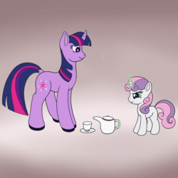 Size: 2000x2000 | Tagged: safe, artist:redquoz, sweetie belle, twilight sparkle, pony, unicorn, g4, atg 2019, cup, curved horn, dock, female, filly, high res, hooves, horn, magic, newbie artist training grounds, sweetie belle's magic brings a great big smile, teacup, teapot, two toned mane, unicorn twilight