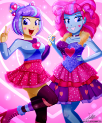 Size: 1260x1520 | Tagged: safe, artist:the-butch-x, kiwi lollipop, supernova zap, equestria girls, equestria girls specials, g4, my little pony equestria girls: better together, my little pony equestria girls: sunset's backstage pass, breasts, busty kiwi lollipop, busty supernova zap, cleavage, clothes, duo, heart, high heels, holding hands, k-lo, miniskirt, open mouth, peace sign, postcrush, shoes, skirt, smiling, socks, su-z, thigh highs, thigh socks, zettai ryouiki