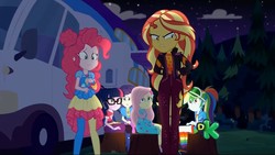 Size: 1728x972 | Tagged: safe, edit, edited screencap, screencap, applejack, fluttershy, pinkie pie, rainbow dash, rarity, sci-twi, sunset shimmer, twilight sparkle, equestria girls, equestria girls specials, g4, my little pony equestria girls: better together, my little pony equestria girls: sunset's backstage pass, clothes, geode of empathy, geode of sugar bombs, humane five, humane seven, humane six, magical geodes, night, night sky, pantyhose, shrunken pupils, sky