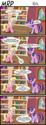 Size: 800x2153 | Tagged: safe, artist:umneem, apple bloom, lily, lily valley, scootaloo, sweetie belle, twilight sparkle, alicorn, earth pony, pegasus, pony, unicorn, comic:my rational pony, g4, book, bookshelf, comic, cutie mark crusaders, female, golden oaks library, mare, twilight sparkle (alicorn)