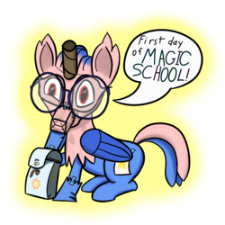 Size: 5000x5000 | Tagged: safe, artist:venaf, oc, oc only, oc:vivian iolani, classical hippogriff, hippogriff, atg 2019, backpack, female, filly, glasses, newbie artist training grounds, red eyes, simple background, sitting, solo, text