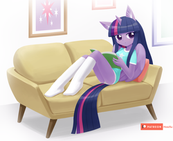 Size: 1200x975 | Tagged: safe, artist:howxu, twilight sparkle, alicorn, anthro, g4, book, clothes, couch, ear fluff, female, oversized clothes, oversized shirt, panties, patreon, patreon logo, shirt, socks, solo, twilight sparkle (alicorn), underwear, white underwear
