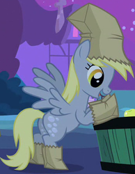 Size: 350x450 | Tagged: safe, screencap, derpy hooves, pegasus, pony, g4, luna eclipsed, alternative cutie mark placement, butt, clothes, costume, cropped, female, inner thigh cutie mark, mare, nightmare night costume, outfit catalog, paper bag, paper bag wizard, plot, solo