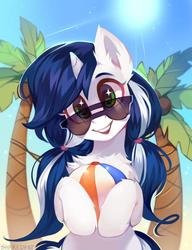 Size: 700x913 | Tagged: safe, artist:share dast, oc, oc only, oc:muffinkarton, pony, unicorn, beach ball, chest fluff, cute, female, looking at you, mare, ocbetes, open mouth, pigtails, ponytail, signature, smiling, solo, starry eyes, summer, sun, sunglasses, tree, wingding eyes