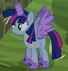 Size: 220x227 | Tagged: safe, screencap, derpy hooves, pegasus, pony, g4, scare master, season 5, alicorn costume, clothes, costume, cropped, fake horn, fake wings, female, mare, nightmare night costume, solo, toilet paper roll horn, twilight muffins, wig