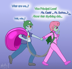 Size: 1134x1079 | Tagged: safe, artist:phallen1, oc, oc only, oc:software patch, oc:windcatcher, equestria girls, g4, atg 2019, bandage, clothes, cutie mark on clothes, dialogue, equestria girls-ified, holding hands, implied vice principal luna, jumpsuit, newbie artist training grounds, offscreen character, parachute, pulling, walking, windpatch