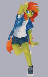 Size: 707x1130 | Tagged: safe, artist:tangomangoes, oc, oc only, oc:tango, anthro, plantigrade anthro, anthro oc, bracelet, clothes, gray background, jewelry, necklace, shirt, shoes, shorts, simple background, sneakers, solo, t-shirt