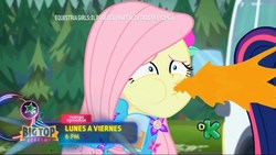 Size: 1920x1080 | Tagged: safe, edit, edited screencap, screencap, fluttershy, equestria girls, equestria girls series, g4, sunset's backstage pass!, spoiler:eqg series (season 2), clothes, discovery kids, juice, spanish, spit take, spitting