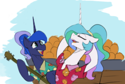 Size: 925x620 | Tagged: safe, artist:anticular, princess celestia, princess luna, alicorn, pony, between dark and dawn, g4, banjo, clothes, duo, female, food, fruit, hawaiian shirt, hoof hold, hooves behind head, lotta little things, mare, musical instrument, peach, royal sisters, shirt, siblings, sisters, wagon