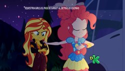 Size: 1920x1080 | Tagged: safe, screencap, pinkie pie, sunset shimmer, equestria girls, equestria girls specials, g4, my little pony equestria girls: better together, my little pony equestria girls: sunset's backstage pass, clothes, discovery kids, geode of sugar bombs, magical geodes, spanish