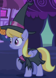 Size: 462x637 | Tagged: safe, screencap, cloud kicker, pegasus, pony, g4, luna eclipsed, clothes, costume, cropped, female, hat, mare, nightmare night costume, outfit catalog, raised hoof, raised leg, solo, witch, witch hat, witch kicker