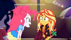 Size: 1920x1080 | Tagged: safe, screencap, pinkie pie, sci-twi, sunset shimmer, twilight sparkle, equestria girls, equestria girls specials, g4, my little pony equestria girls: better together, my little pony equestria girls: sunset's backstage pass, clothes, discovery kids, geode of sugar bombs, magical geodes, spanish