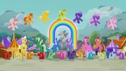 Size: 696x392 | Tagged: safe, screencap, earth pony, pegasus, pony, unicorn, g4, rainbow roadtrip, background pony, blue pony, dot cutie mark, eyes closed, female, flying, fountain, green pony, hope hollow, indigo pony, male, mare, orange pony, pink pony, purple pony, rainbow, red pony, stallion, unnamed character, unnamed pony, yellow pony