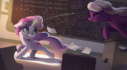 Size: 3940x2160 | Tagged: safe, artist:vanillaghosties, cheerilee, sweetie belle, earth pony, pegasus, pony, unicorn, g4, abuse, atg 2019, blatant lies, chalkboard, chase, cheeribuse, cheerilee is not amused, cutie mark, female, filly, fortnite, glowing horn, high res, horn, imminent spanking, implied sugarmac, magic, mare, newbie artist training grounds, paper, pencil, running, sweetie belle's magic brings a great big smile, sweetie fail, telekinesis, the cmc's cutie marks, this will end in death, this will end in detention, this will end in tears, this will end in tears and/or death
