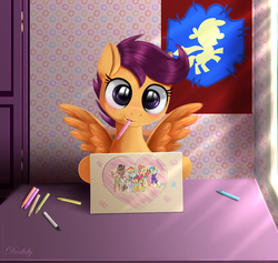 Size: 5267x4995 | Tagged: safe, artist:darksly, apple bloom, aunt holiday, auntie lofty, mane allgood, rainbow dash, scootaloo, snap shutter, sweetie belle, earth pony, pegasus, pony, unicorn, g4, the last crusade, absurd resolution, big eyes, blushing, chair, crayon, crayon drawing, cute, cutealoo, cutie mark crusaders, daaaaaaaaaaaw, drawing, family, female, filly, heart, indoors, looking at you, male, mouth hold, poster, sitting, smiling, solo, spread wings, table, traditional art, weapons-grade cute, wings