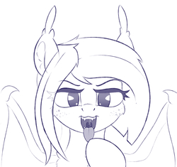 Size: 2264x2132 | Tagged: safe, artist:anti1mozg, oc, oc only, oc:little mine, bat pony, pony, bat pony oc, fangs, female, freckles, high res, looking at you, open mouth, sketch, solo, tongue out