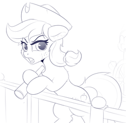 Size: 2660x2592 | Tagged: safe, artist:anti1mozg, applejack, earth pony, pony, g4, clothes, female, freckles, hat, high res, lineart, looking at you, open mouth, pirate, pirate hat, scarf, sketch, solo, spyglass