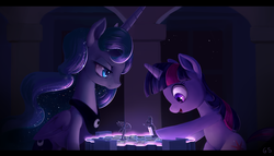 Size: 2629x1506 | Tagged: safe, artist:gsphere, princess luna, twilight sparkle, alicorn, pony, unicorn, g4, arrow, board game, bow (weapon), bow and arrow, civilization, civilization v, dark, duo, ethereal mane, female, glowing, mare, playing, shield, starry mane, tabletop game, unicorn twilight, weapon