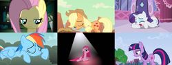 Size: 1024x384 | Tagged: safe, edit, screencap, applejack, fluttershy, pinkie pie, rainbow dash, rarity, twilight sparkle, earth pony, pegasus, pony, unicorn, a canterlot wedding, g4, party of one, putting your hoof down, carousel boutique, cloud, crying, fluttershy's cottage, mane six, sad