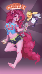 Size: 1084x1914 | Tagged: safe, artist:spaboofy, applejack, pinkie pie, rarity, anthro, g4, adorasexy, armpits, barefoot, belly button, breasts, busty pinkie pie, clothes, coffee, cute, eyes closed, feet, food, ice cream, milkshake, pants, sexy, shirt, sunburst background