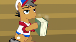 Size: 1280x720 | Tagged: safe, screencap, quibble pants, earth pony, pony, common ground, g4, book, male, solo