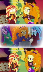 Size: 1920x3202 | Tagged: safe, artist:xan-gelx, edit, screencap, adagio dazzle, aria blaze, sonata dusk, sunset shimmer, equestria girls, equestria girls series, g4, rainbow rocks, sunset's backstage pass!, spoiler:eqg series (season 2), apple, blank eyes, clothes, digging through trash, disgusted, female, food, geode of empathy, glowing eyes, hoodie, hungry, magical geodes, meme, sunset sees things, sweater, template, the dazzlings, the dazzlings tour bus, trash can, trio, trio female, white eyes, wide eyes