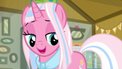 Size: 1920x1080 | Tagged: safe, screencap, clear sky, pony, unicorn, common ground, g4, clothes, female, lidded eyes, mare, museum, scarf, smiling, solo
