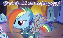 Size: 450x272 | Tagged: safe, gameloft, rainbow dash, pegasus, pony, g4, alternate timeline, amputee, apocalypse dash, augmented, crystal war timeline, eye scar, it's no joke, meme, prosthetic limb, prosthetic wing, prosthetics, scar, torn ear, war is hell, wow! glimmer, you know for kids